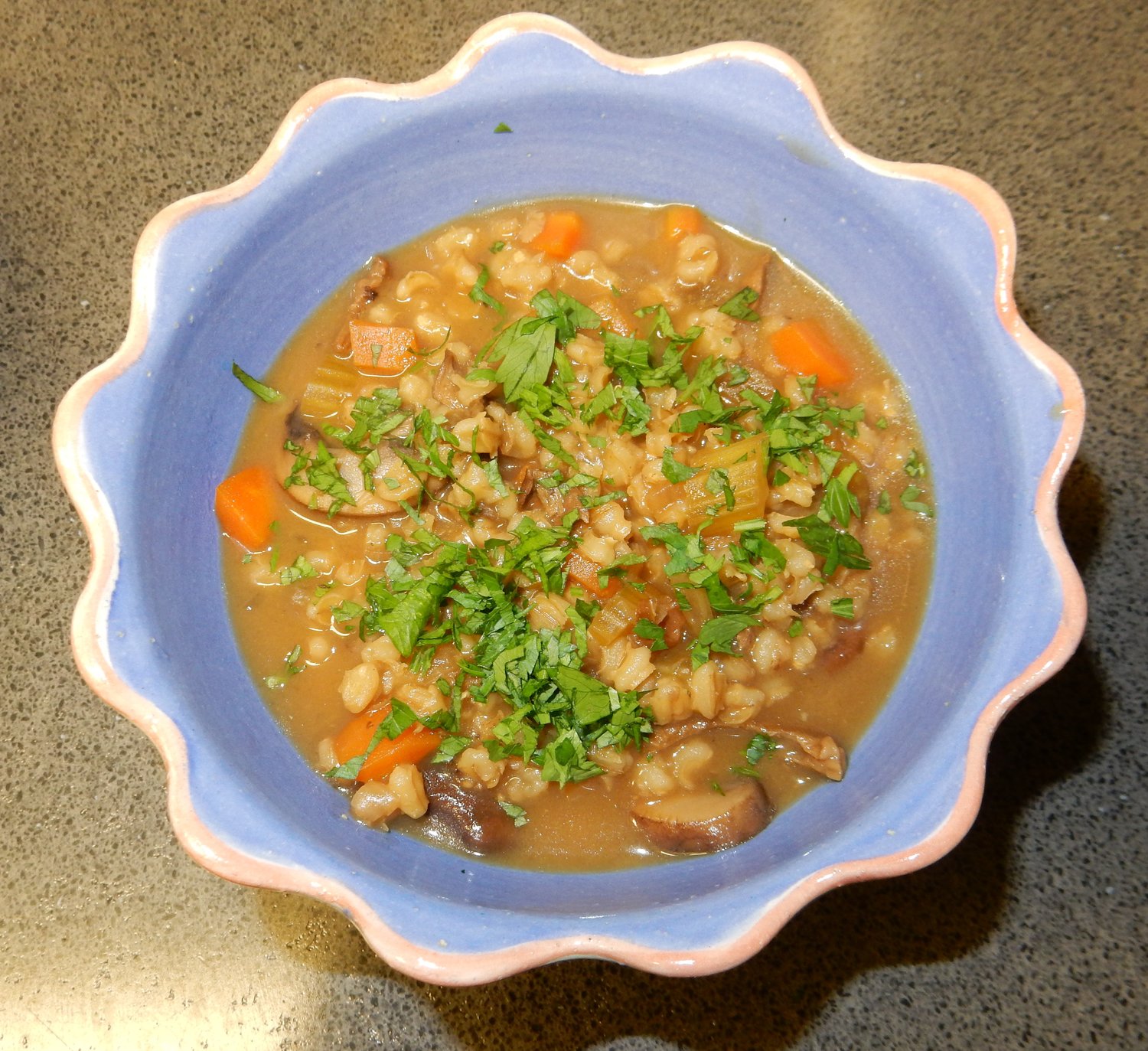Bowl of mushroom barley soup.